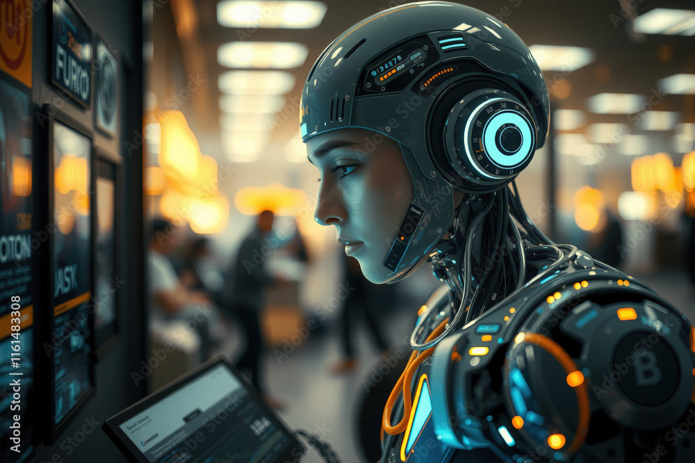 futuristic humanoid robot with glowing elements interacts with digital display in busy, modern environment, showcasing advanced technology and artificial intelligence