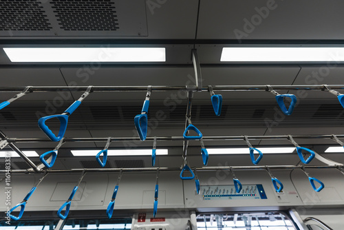 Close-up Subway or Metro Handrail, Hand holding blue Handrail photo