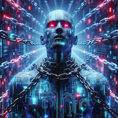 Cybernetic Human Bound by Glowing Red Chains in a Digital Matrix