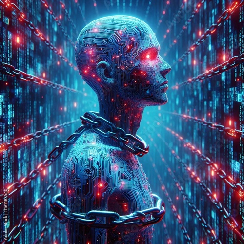 Cybernetic Human Bound by Glowing Red Chains in a Digital Matrix