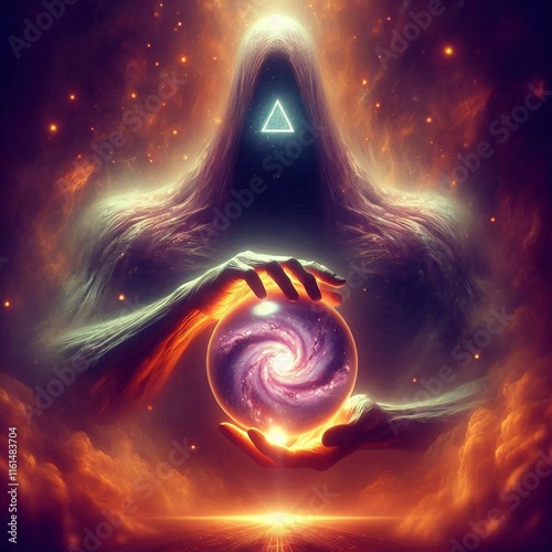 Mystical Cosmic Entity Holding a Glowing Galaxy Orb in a Celestial Realm