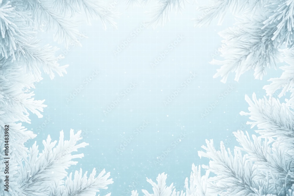 Obraz premium Frosty branches forming circular frame on blue background. seasonal decor