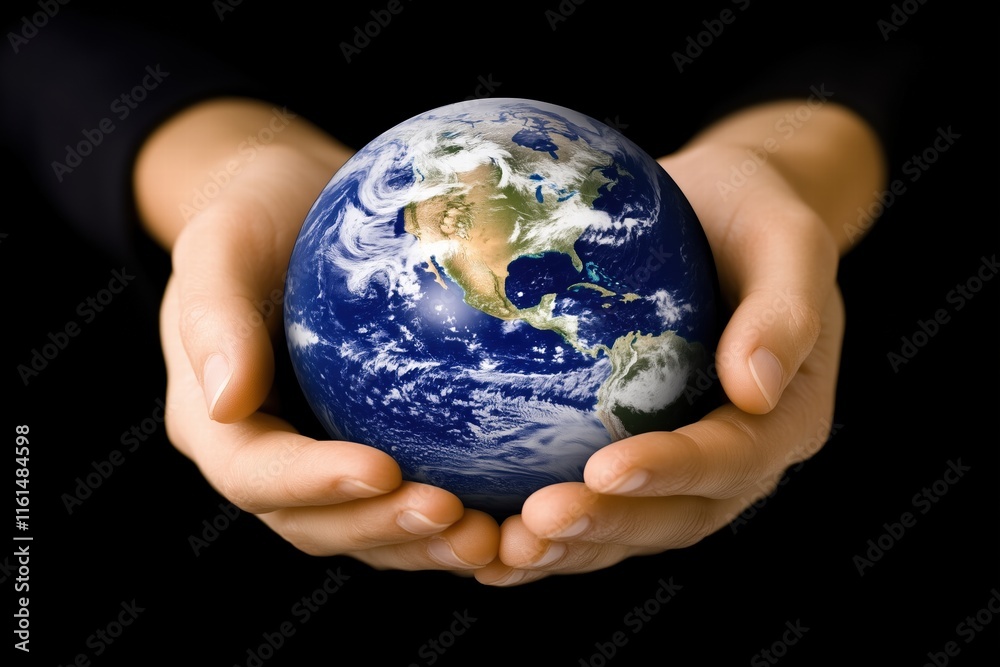 Hands holding a globe against a black background. global responsibility and care Hands holding a globe against a black background. global responsibility and care