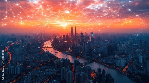 A city skyline seen from above, with animated lines connecting various geolocations in a network.