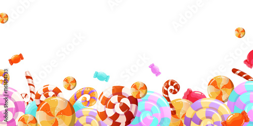 Border of colorful rainbow lollipops, sweet candies, caramel. Bright background with candies. Vector design for wrapping, fabric, interior decor, textile, print, brochure, label, wallpaper greeting