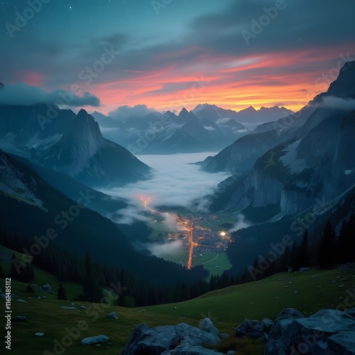 Breathtaking Auroral Twilight over Passo Giau, Dolomites, Misty Mountains, Starry Sky, and Illuminated Cortina d'Ampezzo photo