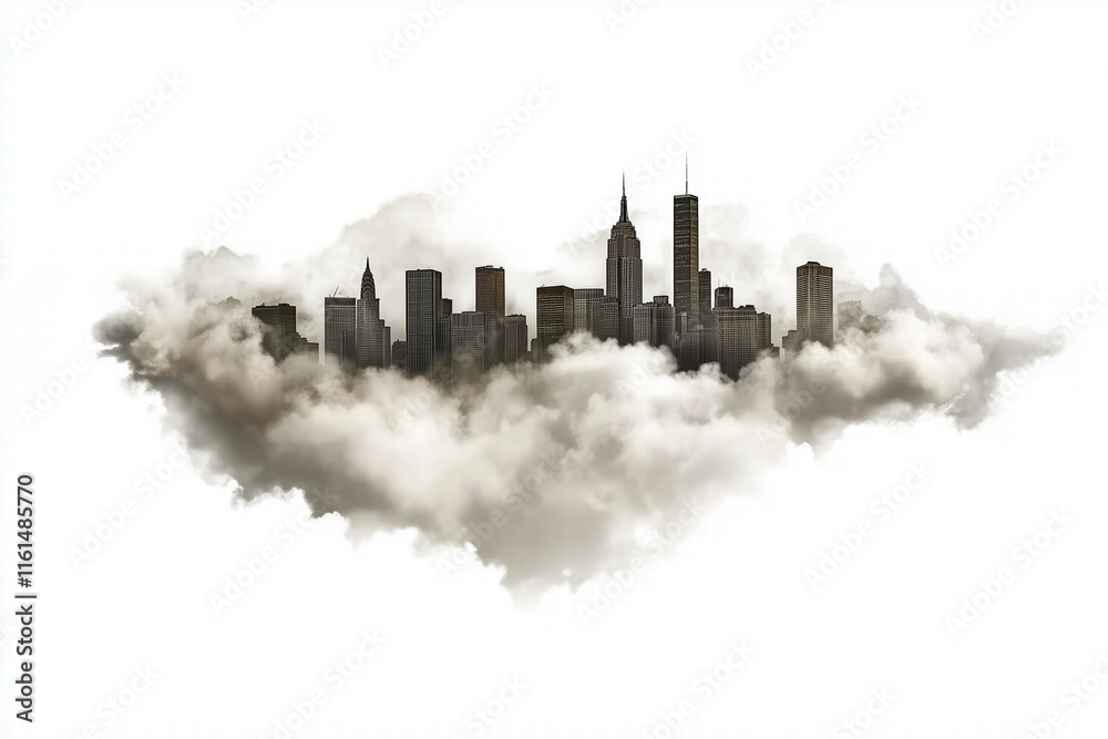 Obraz premium Cityscape silhouette floating on a bed of clouds. imagination and possibilities