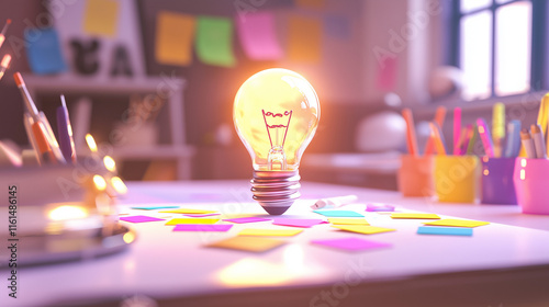 A glowing light bulb sits on a desk amidst colorful sticky notes, pens, and pencils, symbolizing inspiration and creative thinking in a vibrant workspace