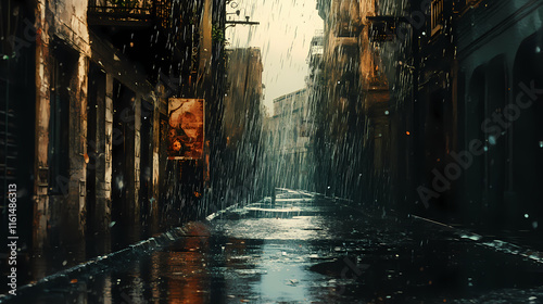 A sudden downpour of rain splashing on a deserted street. Cloudburst. Illustration