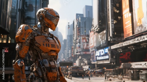 A heavily armored cybernetic soldier standing guard in a dystopian city square photo