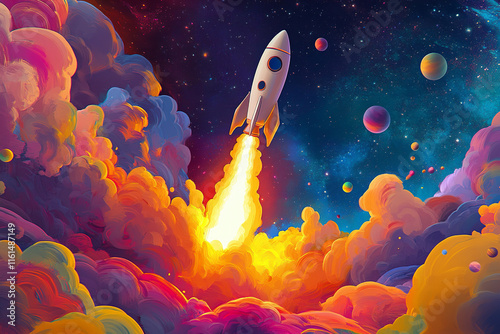 The image depicts a vibrant and colorful scene of a rocket launching into space, surrounded by a lush cloud formation and various colorful planets in the background photo