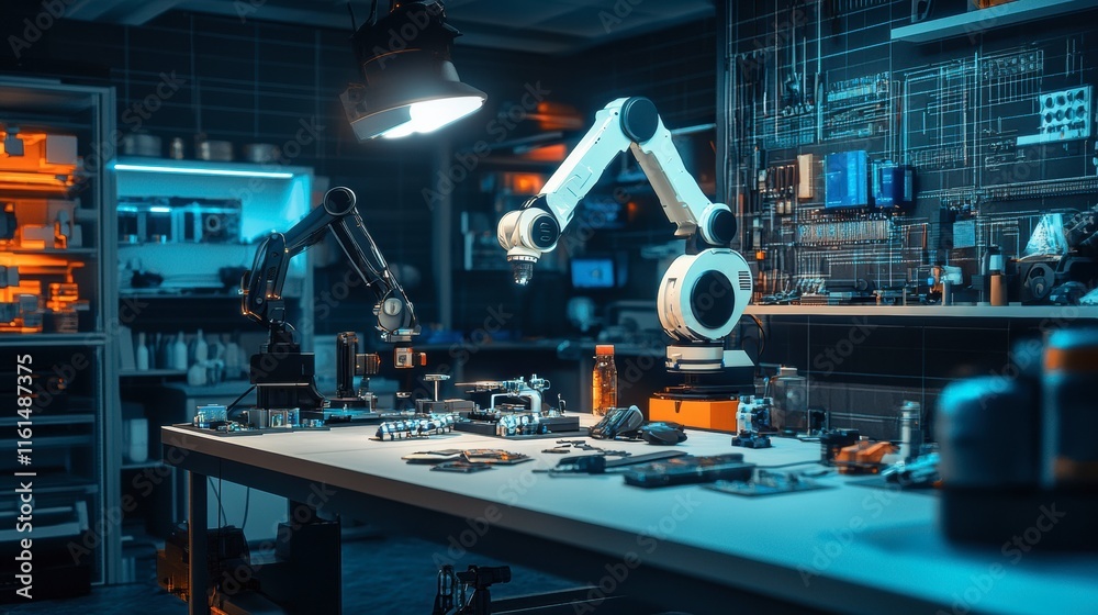 A high-tech cyberpunk workshop with robotic arms constructing advanced gadgets A high-tech cyberpunk workshop with robotic arms constructing advanced gadgets