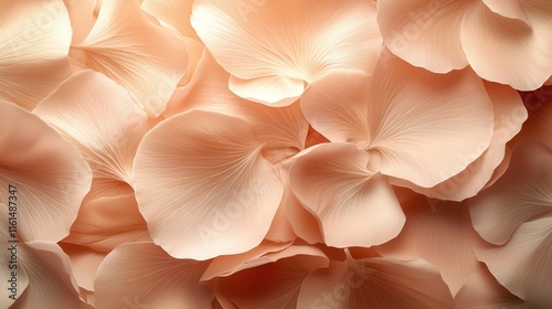 An artistic and delicate arrangement of abstract flower petals, bathed in soft pastel beige hues that evoke a sense of calm and beauty, embodying the principles of aesthetic minimalism.
