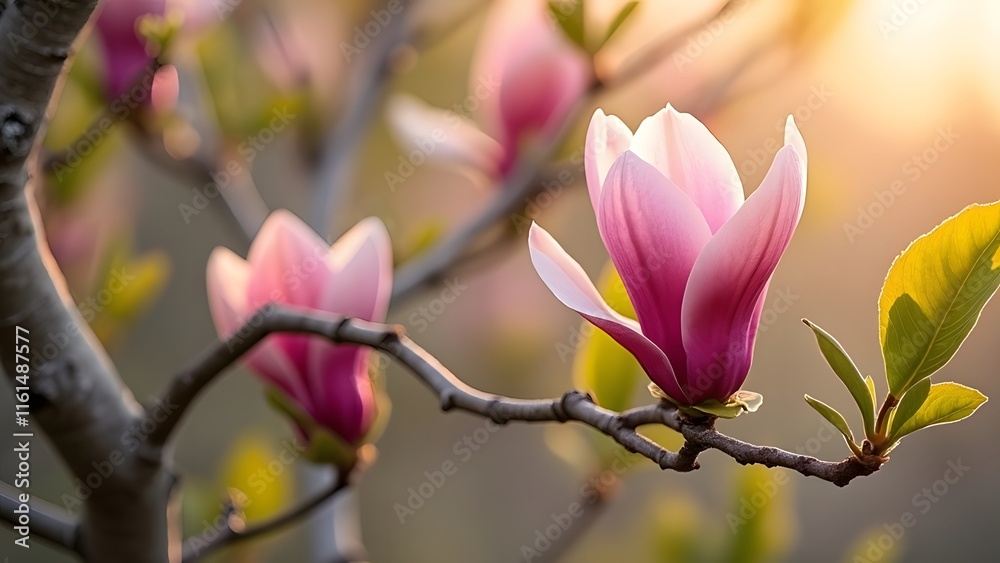 Fototapeta premium Delicate Pink Magnolia Blossoms, Spring Flowers on Curved Branch with Soft Morning Light