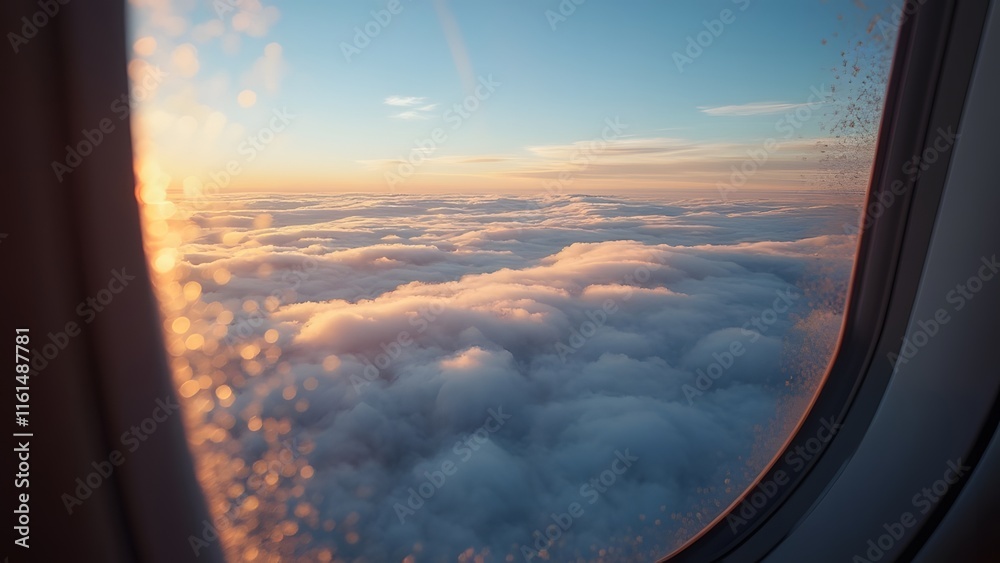 Sunrise Aerial View, Majestic Wispy Clouds Through Airplane Window at Dawn Sunrise Aerial View, Majestic Wispy Clouds Through Airplane Window at Dawn
