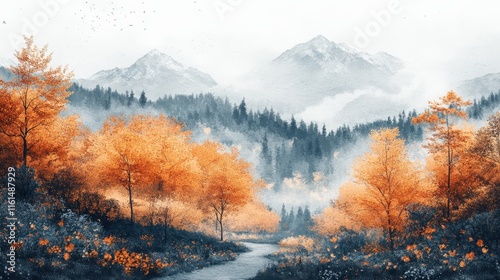 Autumn aesthetic landscape panorama, muted neutral colors.