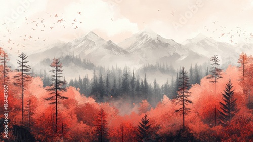 Autumn aesthetic landscape panorama, muted neutral colors.