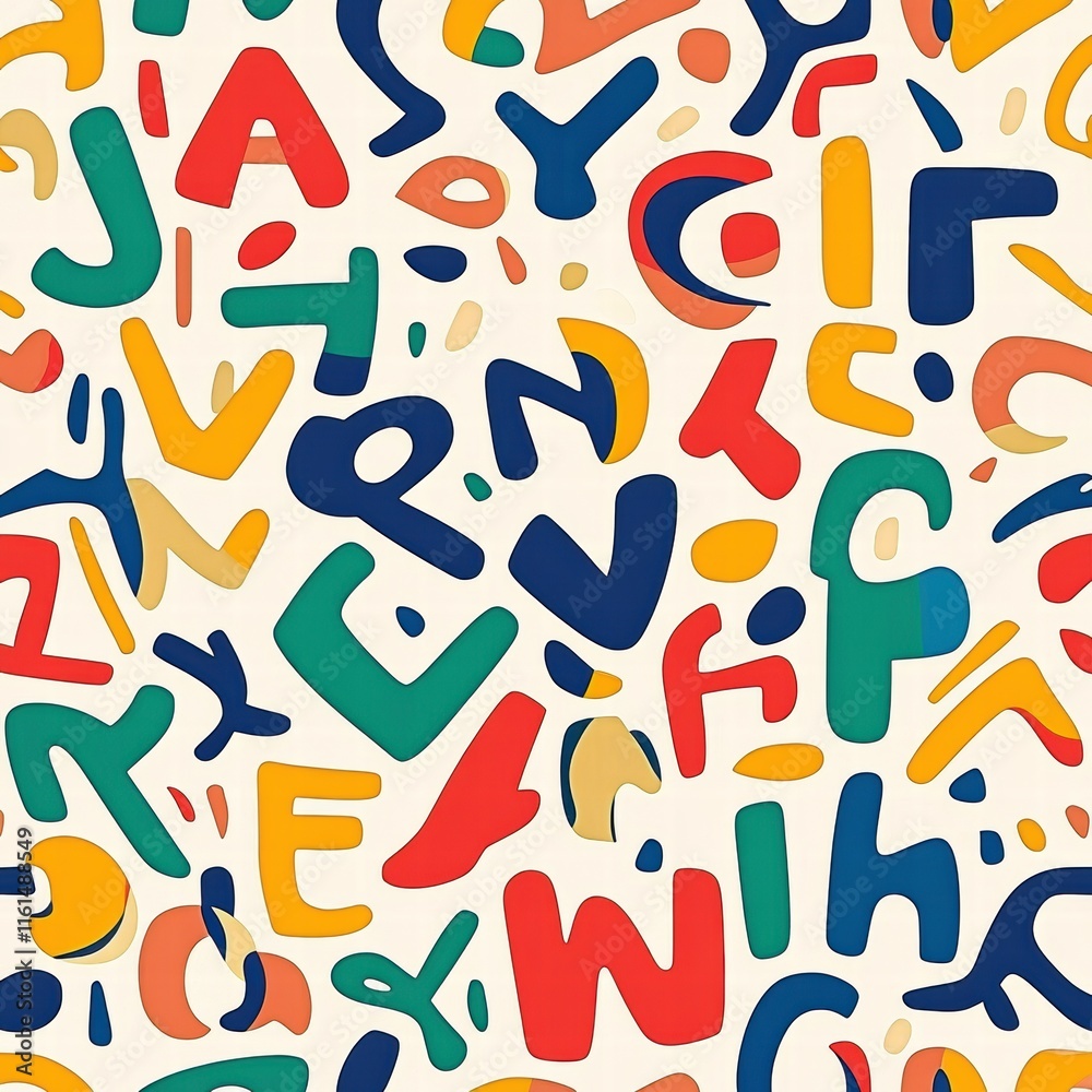 Playful pattern of colorful stylized alphabet shapes creating a vibrant and lively design for various uses. Generative AI Playful pattern of colorful stylized alphabet shapes creating a vibrant and lively design for various uses. Generative AI
