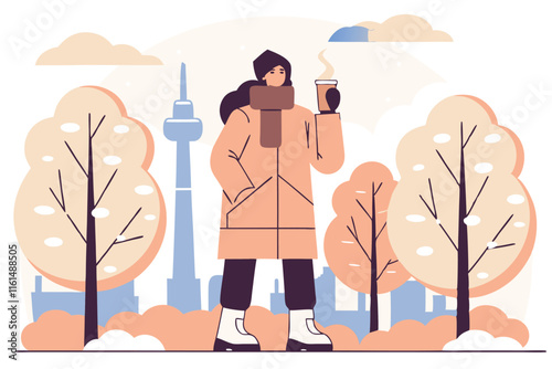 Young woman with hot cup of coffee  walks through the snowy streets of Toronto city. Vector flat illustration