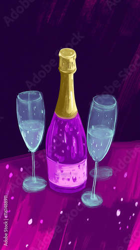 Champagne bottle and glasses with streamers, confetti and other party theme elements. A risograph style print illustration - new years eve, retro style, purple, gold, blue photo