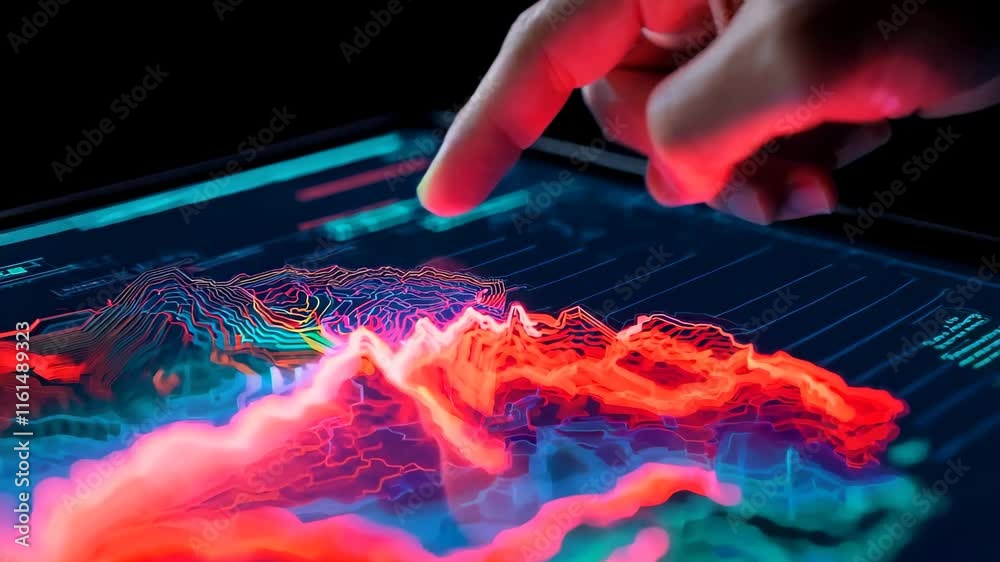 Futuristic interactive touch interface with glowing red energy waves, Human hand manipulating digital visualization