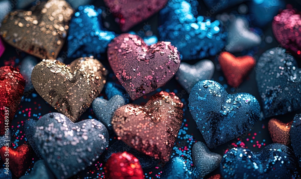 Obraz premium Close-up of multicolored glitter in the shape of a heart. Stylish background for Valentine's Day
