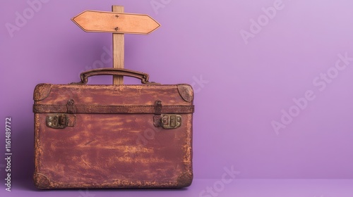 Brown suitcase with signpost on pastel purple background. photo