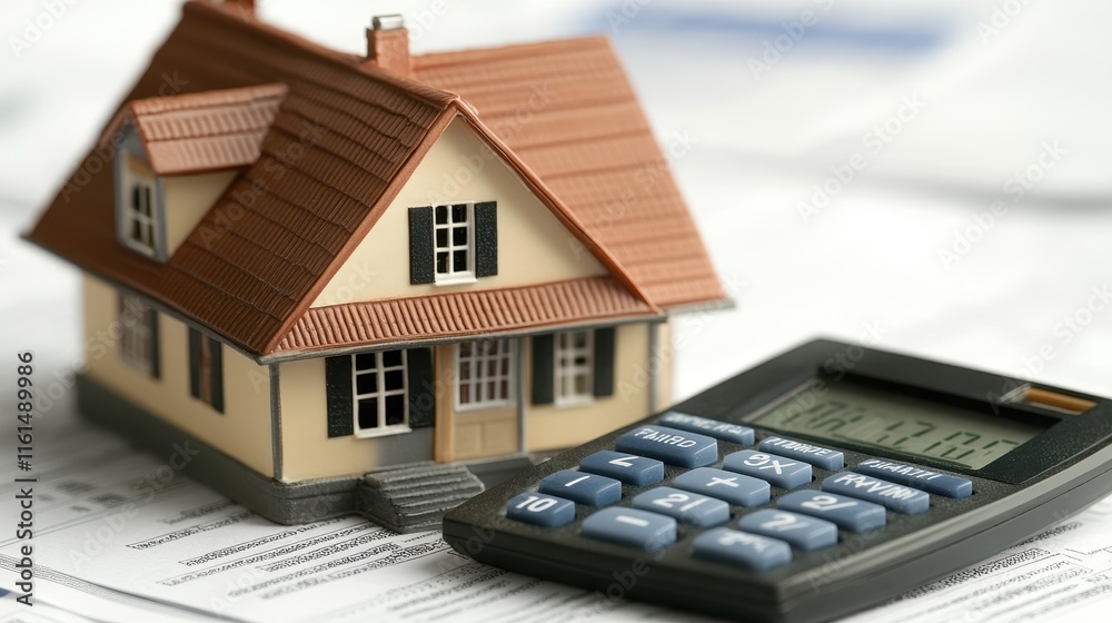 Calculating mortgage options with a model house and calculator on financial documents Calculating mortgage options with a model house and calculator on financial documents