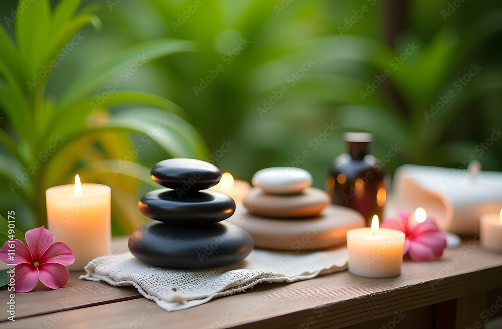 Spa Elements in Peaceful Retreat Setting. A serene arrangement of candles, stacked stones, and tropical flowers on a wooden table, evoking relaxation and balance in a lush retreat setting. Spa Elements in Peaceful Retreat Setting. A serene arrangement of candles, stacked stones, and tropical flowers on a wooden table, evoking relaxation and balance in a lush retreat setting.