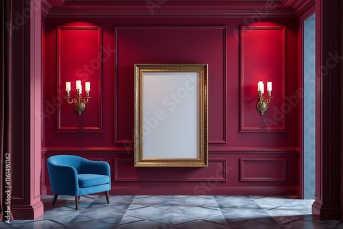 Crimson Elegance: A luxurious interior design concept with a crimson wall, a blue armchair, and a golden framed mockup that evokes sophistication and grandeur.   photo