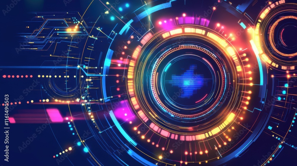 Obraz premium Dynamic abstract digital background featuring vibrant neon colors and intricate circuit patterns.