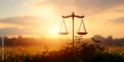 Scales of Justice at Sunrise. A pair of scales symbolizing justice and ethics, set against a serene sunrise in a natural field, highlighting the balance of moral values and virtue.