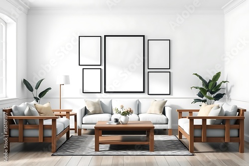 Modern Living Room Gallery Wall Mockup   A contemporary living room boasts a stunning gallery wall with five sleek black frames  offering a blank canvas for your artwork or design.