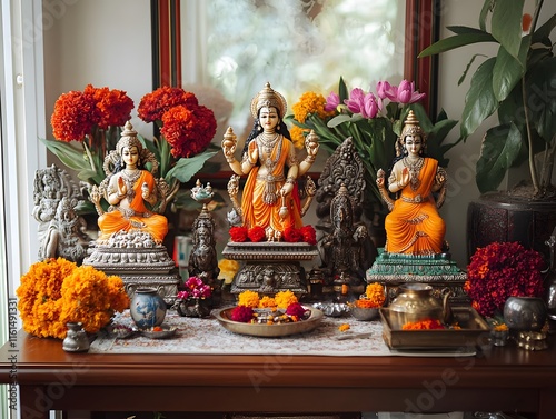 Serene Lakshmi Statues with Floral Offering: A Vibrant Hindu Shrine photo