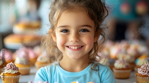A young girl is smiling and holding a cupcake
