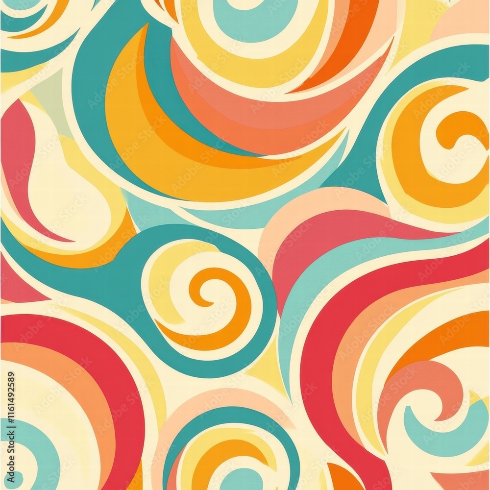 Fototapeta premium Retro inspired colorful spiral pattern with curved lines reminiscent of the 70s design trend. Generative AI