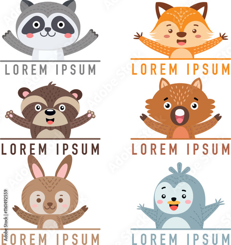  Funny cartoon smiling animal  character set pop up and waving hands with surprise, smiles and waves cheerfully, Vector illustrator