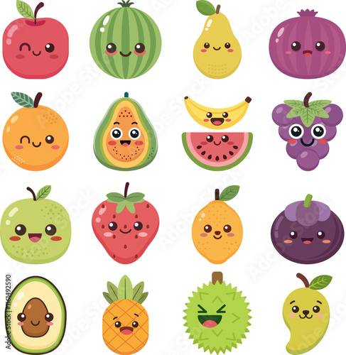 Funny cute fruits characters set, Cute cartoon happy fruits, Colorful Kawaii Fruits  With Smiling Faces , Vector illustrator