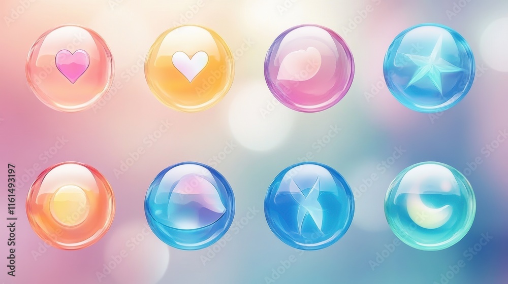 Circular glassmorphic icons with soft blur and pastel hues in the background. Circular glassmorphic icons with soft blur and pastel hues in the background.