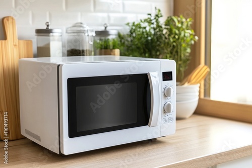 A modern white microwave oven on a wooden kitchen countertop with plants and utensils in the background.