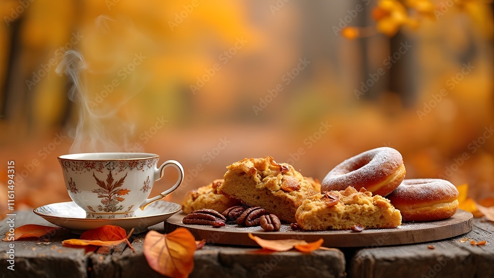 Autumnal Treats, Rustic Wooden Table Setting with Coffee, Tea, Pumpkin Scones, Candied Pecans, and Spiced Apple Cider Donuts Amidst Fall Leaves