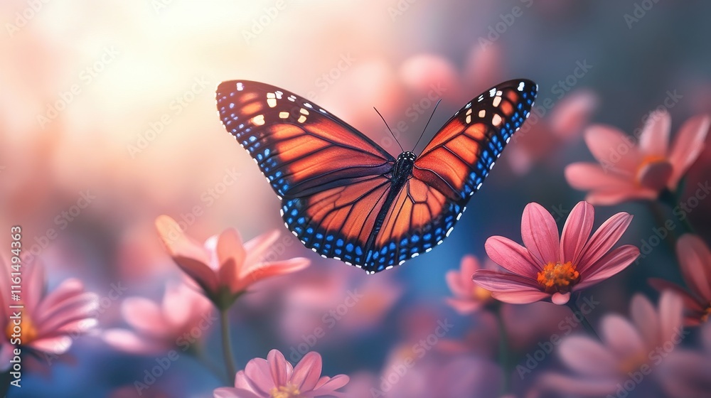 Naklejka premium Colorful butterfly gracefully flying among blooming flowers
