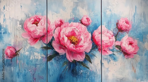 Collection of designer oil paintings. Decoration for the interior. Modern abstract art on canvas. A set of paintings with pink peonies on an abstract blue background