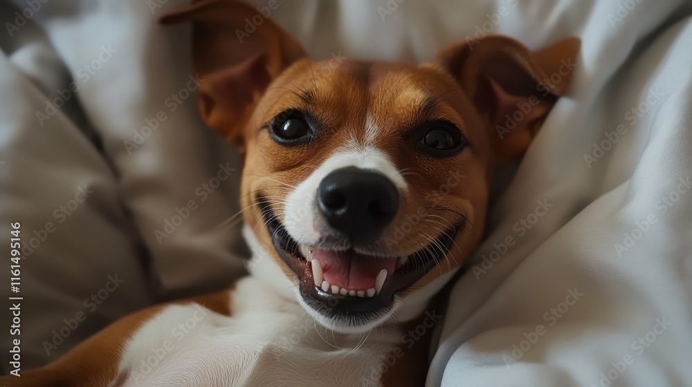 Cute dog smiling in bed