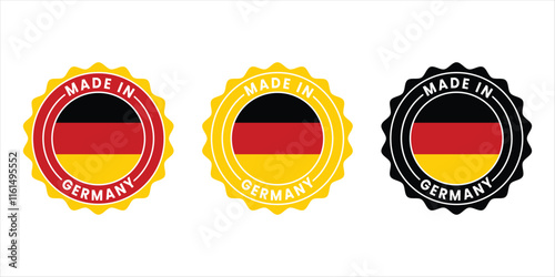 Circular badge with German flag design and Made in Germany text. Perfect for branding, product labeling, packaging, and German-made promotions.