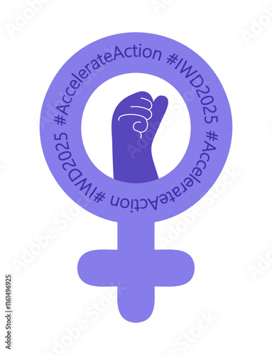 Accelerate action for International Women's day. IWD 2025 campaign slogan on purple Venus symbol with raised female fist. Feminism, empowerment and gender equality concept. Vector illustration