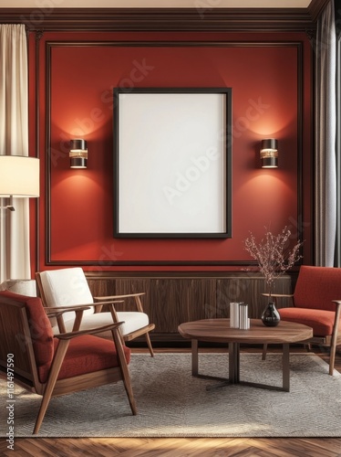 A red wall with a white frame and a white picture. There are two chairs and a table in the room