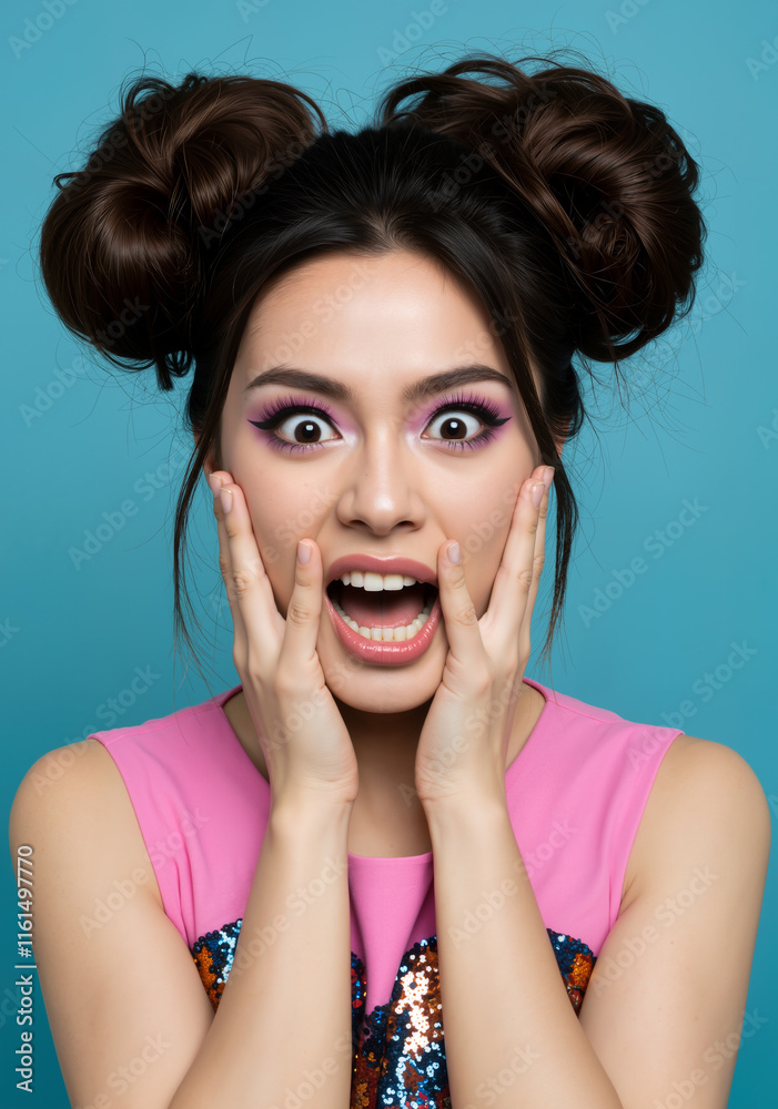 Asian model with overwhelmed facial expression, totally shocked and in disbelief by what she sees, cute girl casual outfit aesthetic - isolated background, advertising campaign person portrait. Asian model with overwhelmed facial expression, totally shocked and in disbelief by what she sees, cute girl casual outfit aesthetic - isolated background, advertising campaign person portrait.