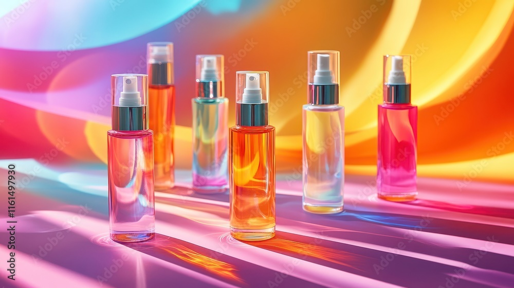 Futuristic Skincare Bottles with Colorful Abstract Background Futuristic Skincare Bottles with Colorful Abstract Background