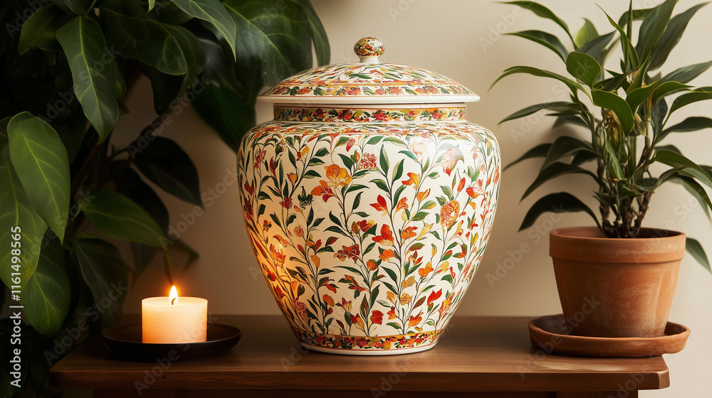 Decorative floral urn with candle and plant, serene ambiance Decorative floral urn with candle and plant, serene ambiance